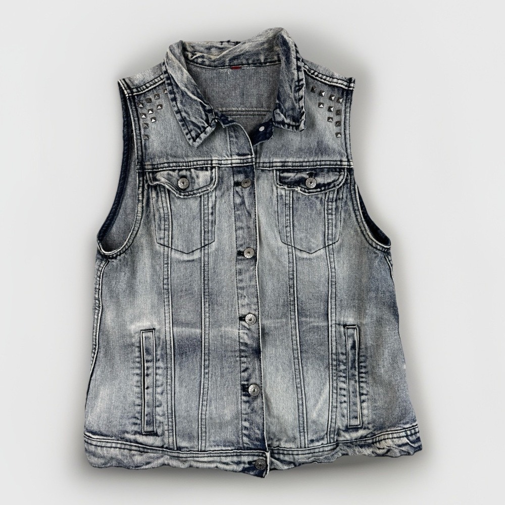 Y2K Studded Denim Vest Acid Wash Sleeveless Jean Jacket Goth Festival M‎